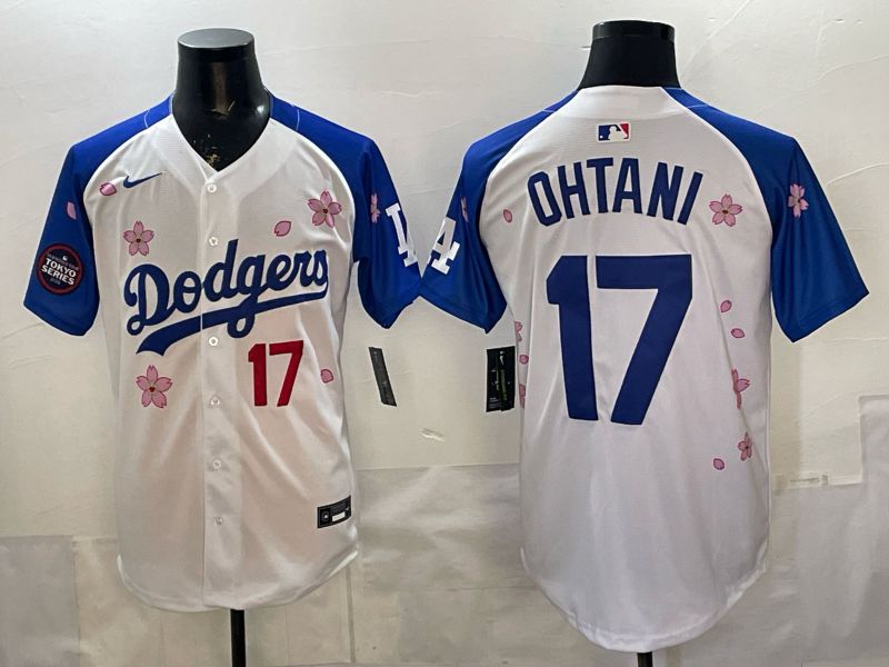 Men Nike 2026 Los Angeles Dodgers #17 Ohtani White Blue Sakura Edition Game MLB Jersey 12085